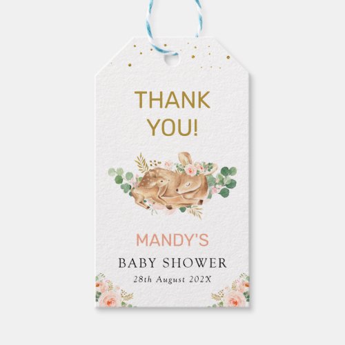 Pink Floral Fawn And Doe Deer Baby Shower Tag