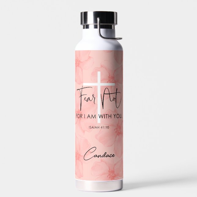 Pink Floral Fear Not Isaiah 41:10 Bible Verse Water Bottle (Left)