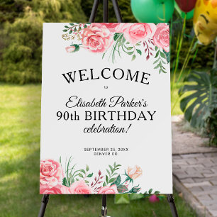 Pink floral feminine 90th birthday party welcome foam board