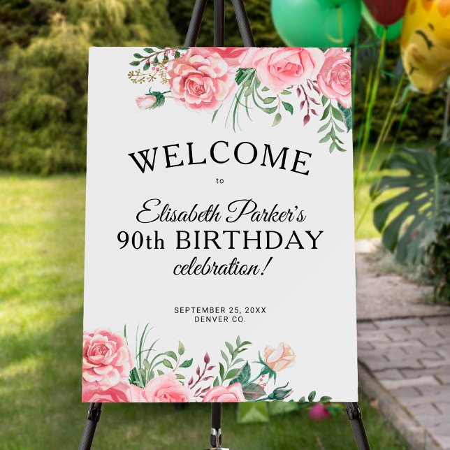 Pink floral feminine 90th birthday party welcome foam board (Creator Uploaded)