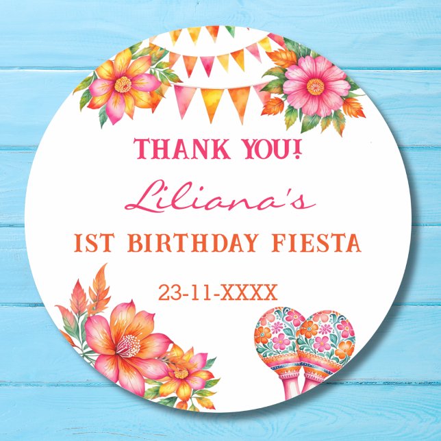Pink Floral Fiesta 1st Birthday Thank You Classic Round Sticker (Creator Uploaded)