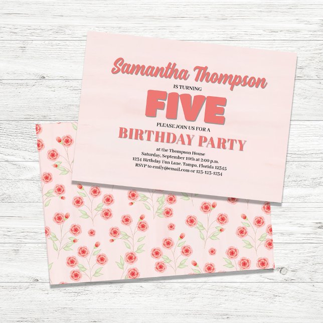 Pink Floral Fifth Birthday Girl Party Template (Fifth Birthday Girl Party Invitations.)
