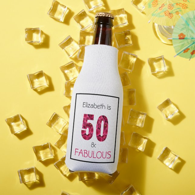 Pink Floral Fifty and Fabulous 50th Birthday Bottle Cooler (In Situ Summer)