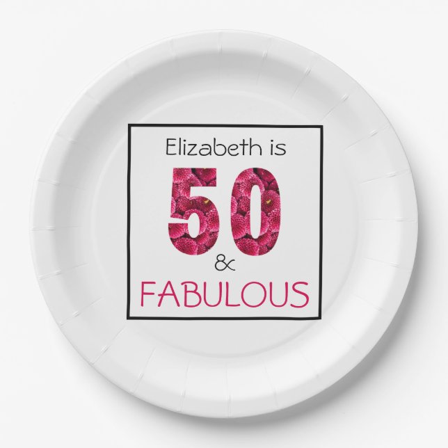 Pink Floral Fifty and Fabulous 50th Birthday Paper Plates (Front)