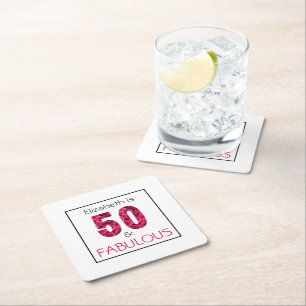 Pink Floral Fifty and Fabulous 50th Birthday Square Paper Coaster