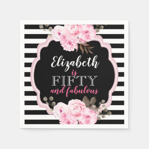 Pink Floral Fifty & Fabulous Photo Black & White Napkins