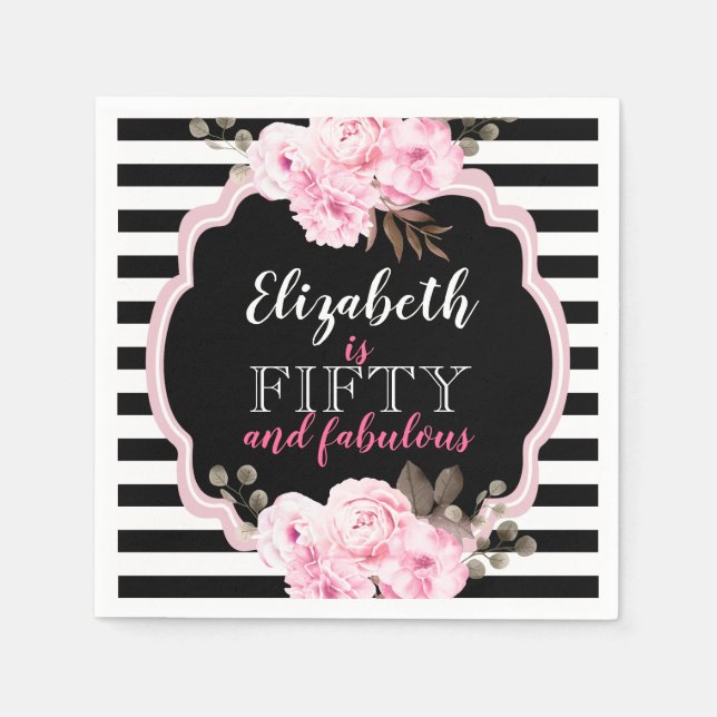 Pink Floral Fifty & Fabulous Photo Black & White Napkins (Front)
