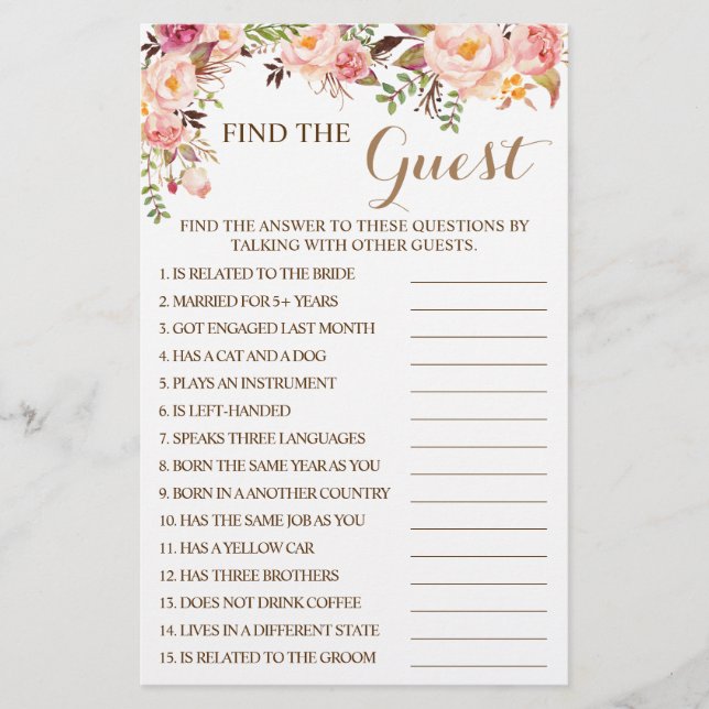 Pink Floral Find the Guest Bridal Shower Game Card Flyer (Front)
