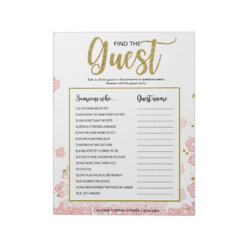 Pink Floral Find the Guest Bridal Shower Game Notepad