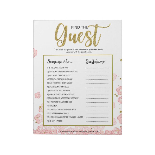 Pink Floral Find the Guest Bridal Shower Game Notepad (Rotated)