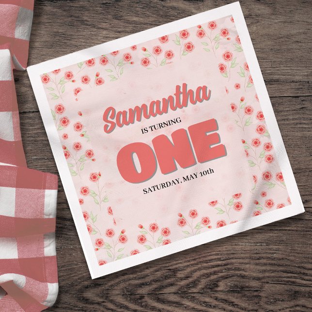 Pink Floral First Birthday Girl Custom Party Napkins (First Birthday party custom paper napkin template. )