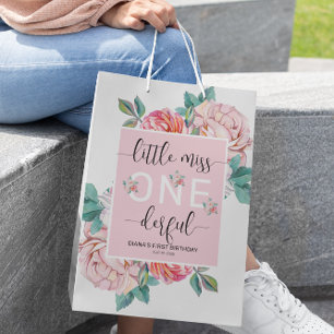 Pink Floral First Birthday Medium Gift Bag