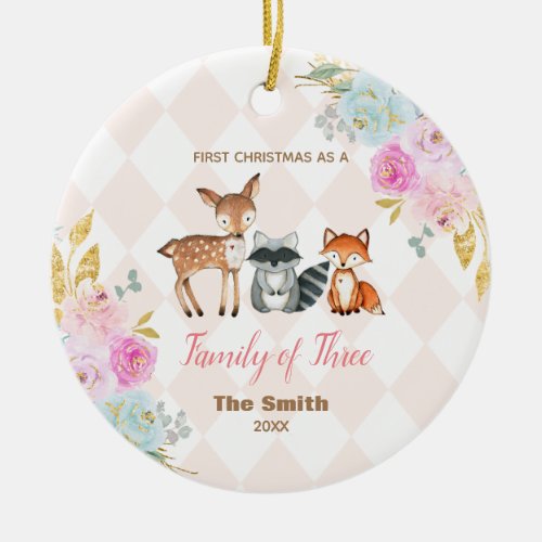  Pink Floral First Christmas as a Family of 3  Ceramic Ornament