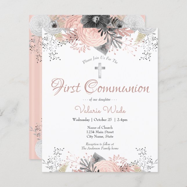 Pink Floral First Communion Budget Invitations (Front/Back)