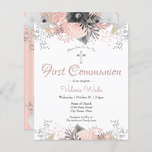 Pink Floral First Communion Budget Invitations