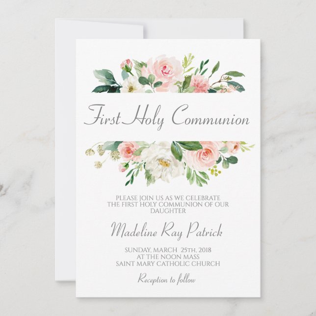 Pink Floral First Communion Invitation (Front)