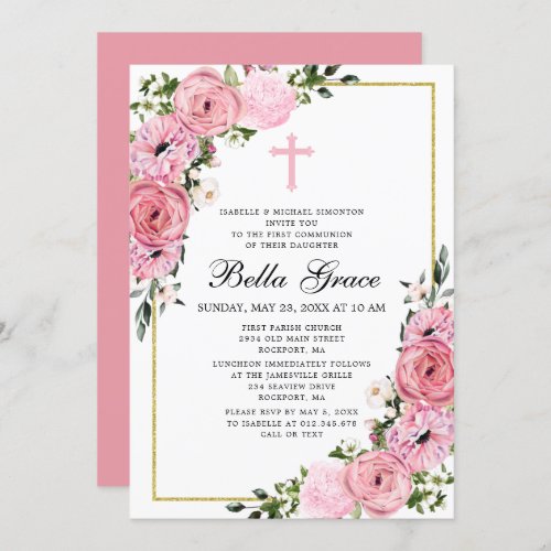Pink Floral First Communion Invitation