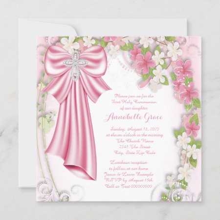 Pink Floral First Communion Invitation