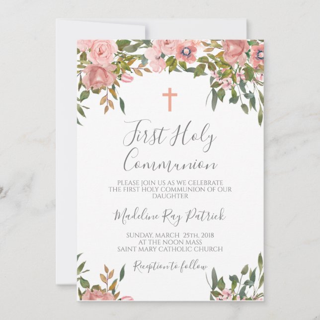 Pink Floral First Communion Invitation (Front)
