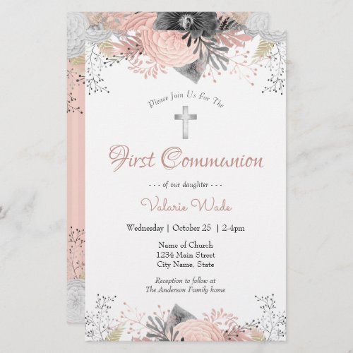 Pink Floral First Communion Invitations