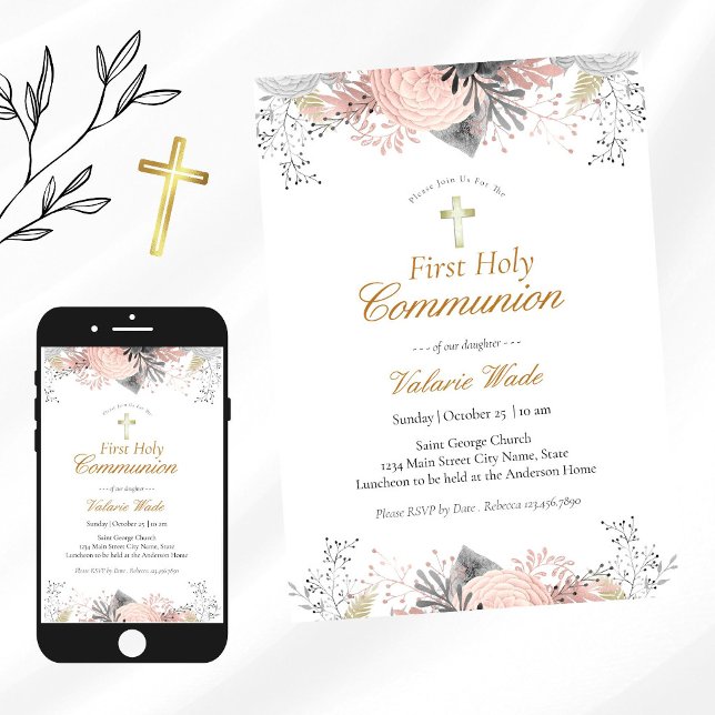 Pink Floral First Communion Invitations (Creator Uploaded)