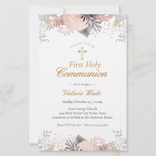 Pink Floral First Communion Invitations