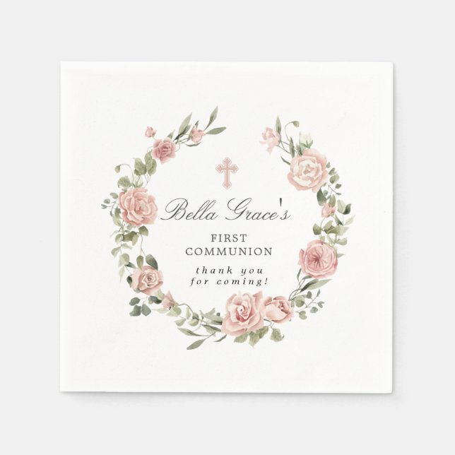 Pink Floral First Communion Napkins (Front)
