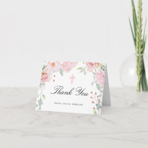 Pink Floral First Communion Photo Thank You Card