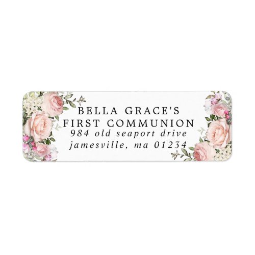 Pink Floral First Communion Return Address Label