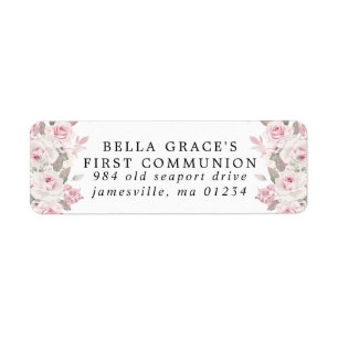 Pink Floral First Communion Return Address Label