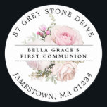 Pink Floral First Communion Return Address Label<br><div class="desc">Add a special touch to all your First Communion invitation envelopes with this elegant round design. It features a bouquet of blush pink roses in the center. Bright pink rosebuds add a dash of color. Sage green leaves give it a rustic botanical vibe. Your name and First Communion are written...</div>