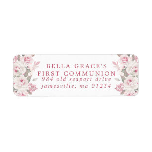 Pink Floral First Communion Return Address Label