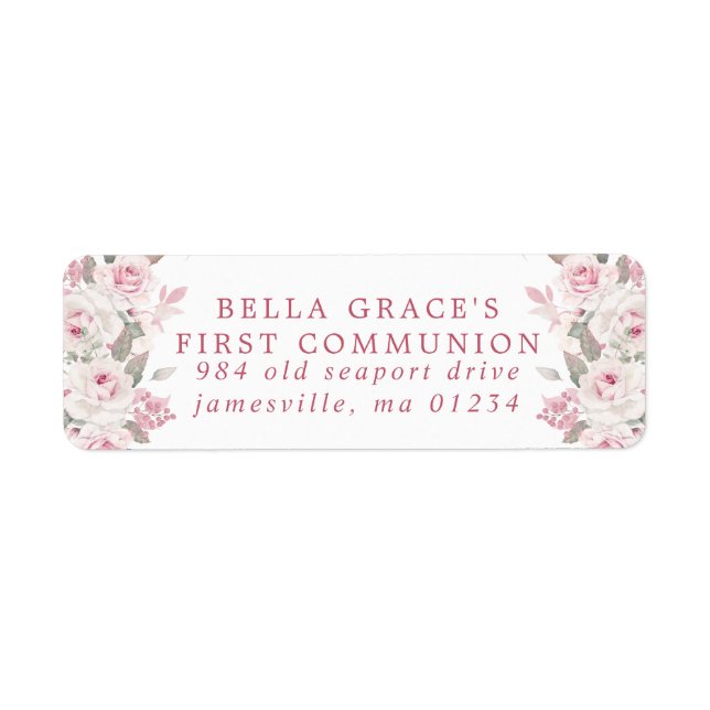 Pink Floral First Communion Return Address Label (Front)