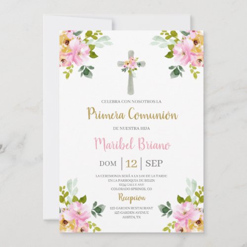 Pink Floral First Communion Spanish  Invitation