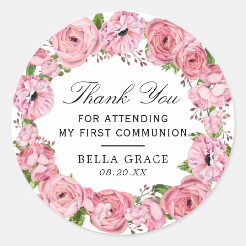 Pink Floral First Communion Thank You Classic Round Sticker