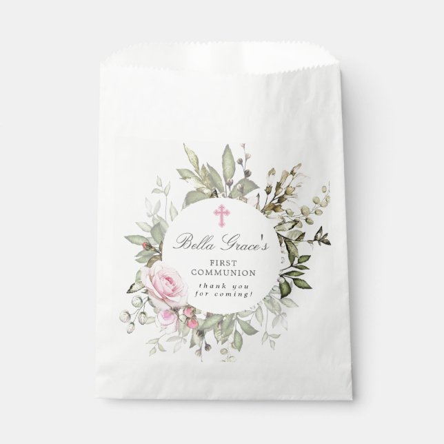 Pink Floral First Communion Thank You Favor Bag (Front)