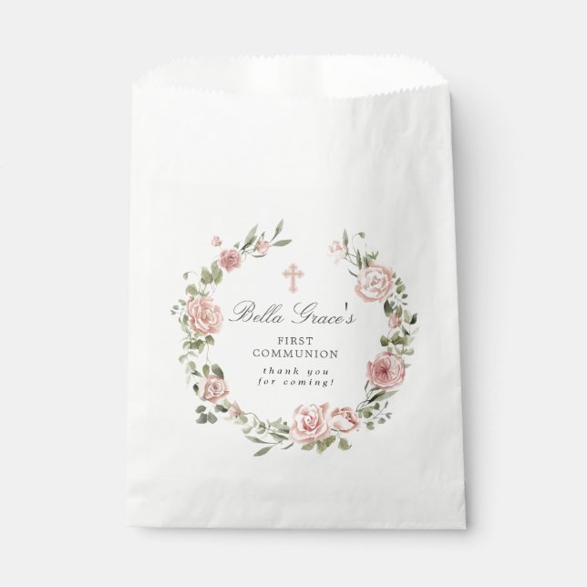 Pink Floral First Communion Thank You Favor Bag (Front)