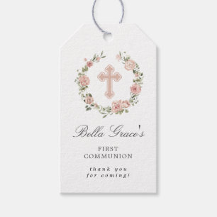 Pink Floral First Communion Thank You Gift Tags