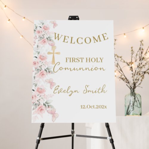 Pink floral First Comunnion Welcome sign