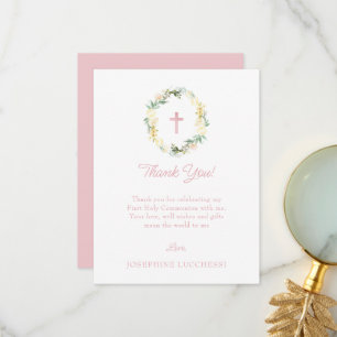 Pink Floral First Holy Communion Custom Thank You  Card