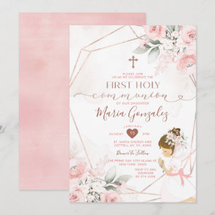 Pink Floral First Holy Communion Cute Girl Praying Invitation