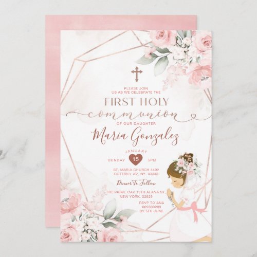 Pink Floral First Holy Communion Cute Girl Praying Invitation