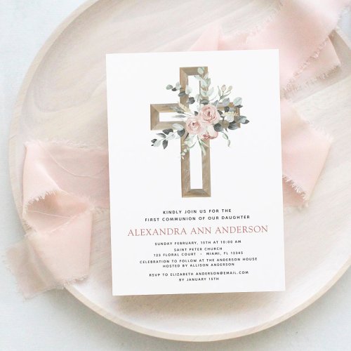 Pink Floral First Holy Communion Euclayptus Invitation