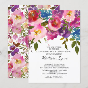 Pink Floral First Holy Communion Invitation