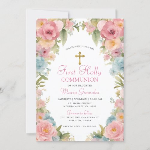Pink Floral First Holy Communion  Invitation