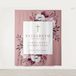 Pink Floral First Holy Communion Photo Backdrop