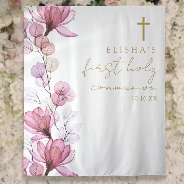 Pink Floral First Holy Communion Photo Backdrop | Zazzle