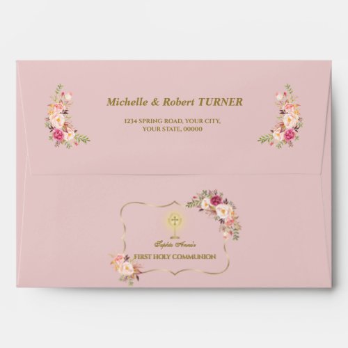 Pink Floral First Holy Communion Return Address   Envelope