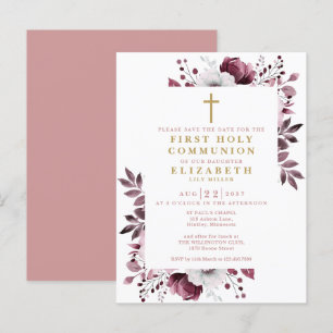 Pink Floral First Holy Communion Save The Date Postcard