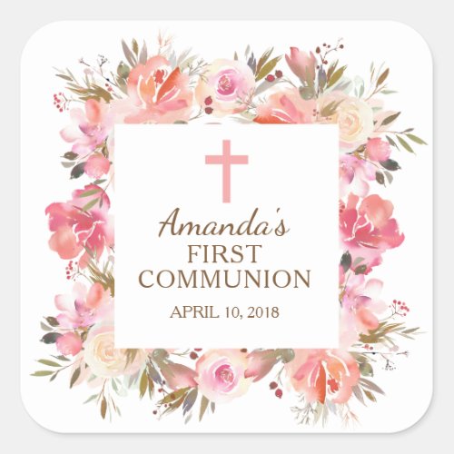 Pink Floral First Holy Communion Sticker
